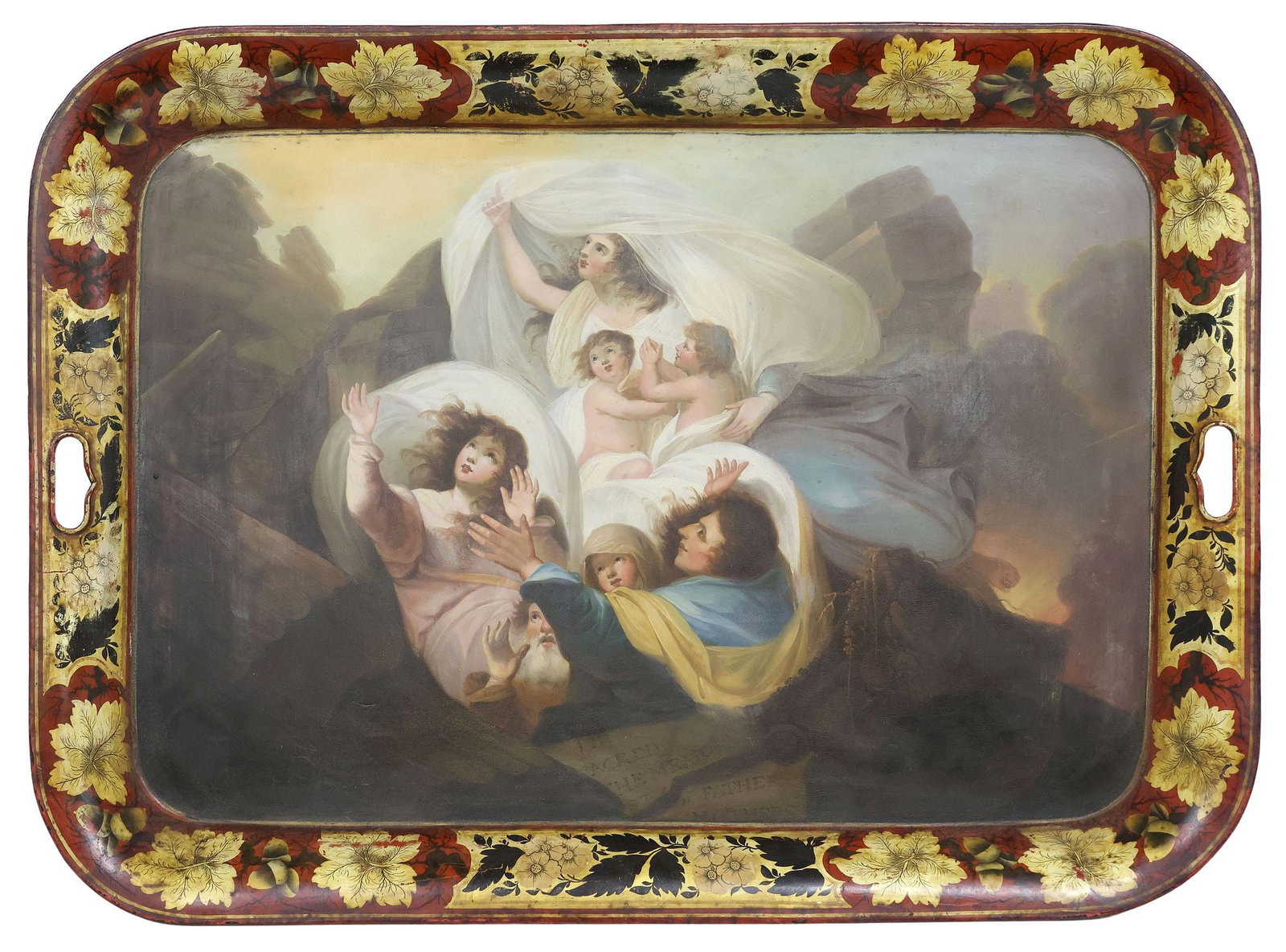 LARGE ENGLISH BIBLICAL TOLE PAINTED SERVING TRAY, AFTER WILLIAM PETERS (D.1814) (1 of 4)