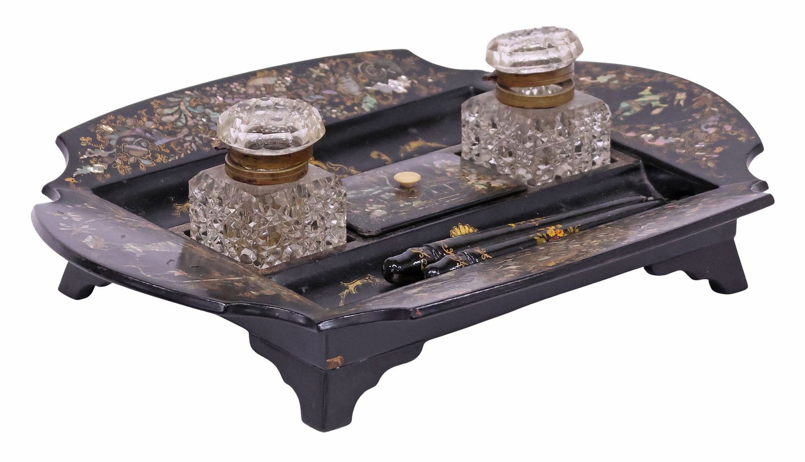 VICTORIAN CHINOISERIE MOTHER-OF-PEARL INLAID PAPIER MACHE DESK STAND (1 of 10)