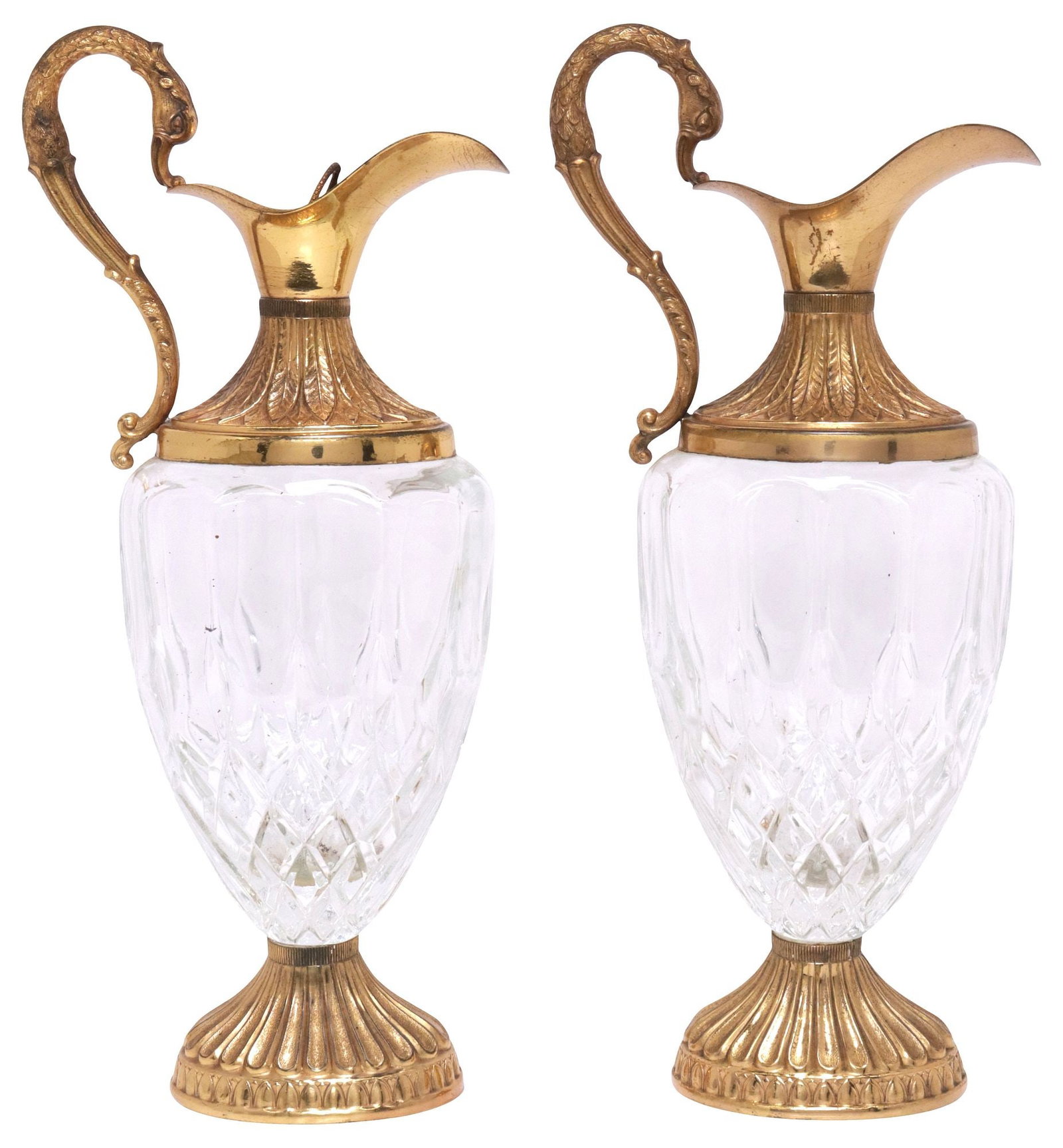 (2) ITALIAN DISTILLERIE-BUTON SILVERPLATE & GLASS CARAFES / PITCHERS: (pair) Italian silverplate and glass carafes/ wine decanters, Distillerie-Buton, Bologna, 20th c., each with silver-gilt plated rim and foot, figural swan-form handle, over colorless glass body with m
