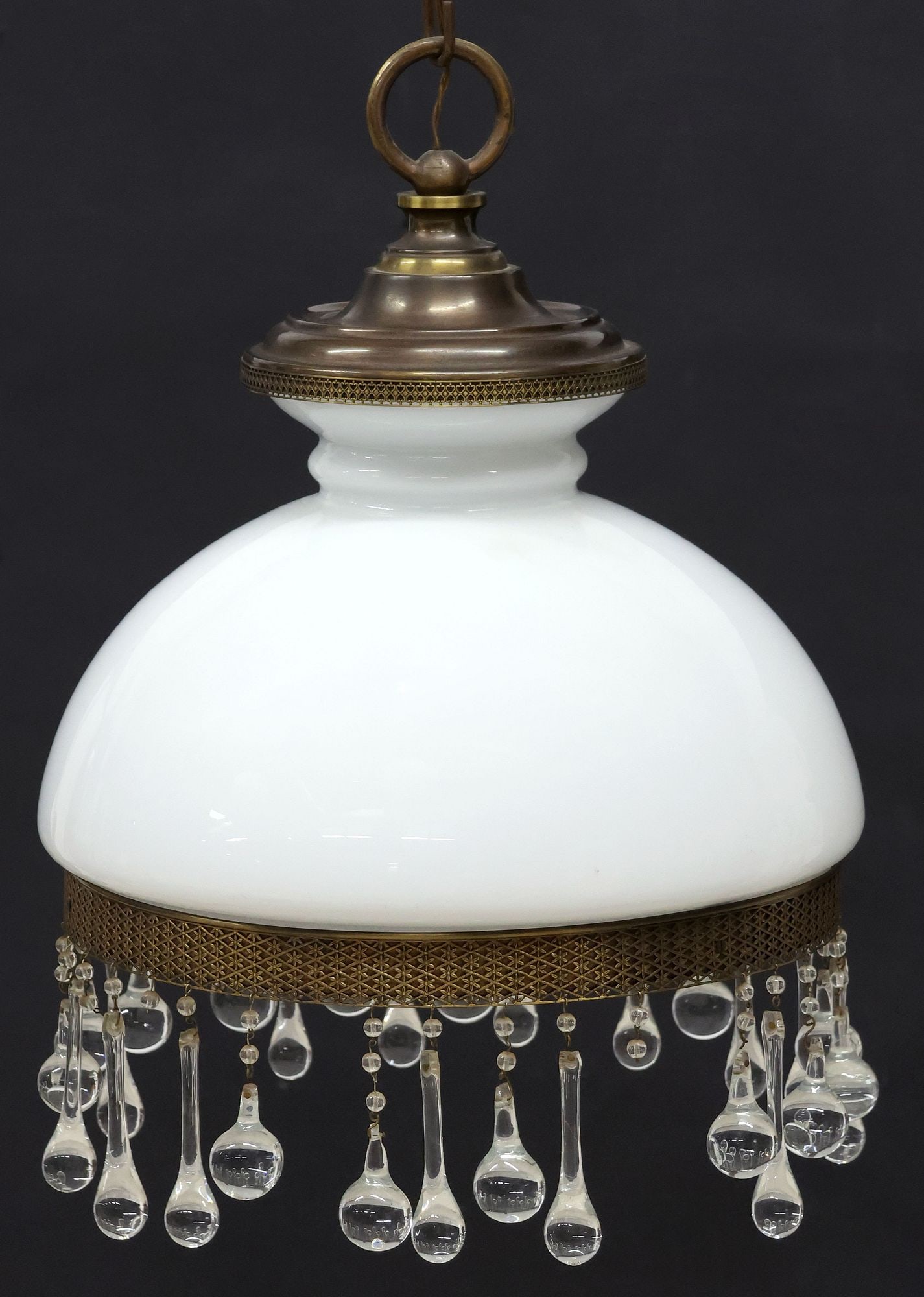 ITALIAN PIERCED BRASS & MILK GLASS 1-LIGHT CEILING LAMP: Italian brass one-light chandelier, 20th c., in need of wiring, having large domed milk glass shade, with pierced floral latticework trim and crystal drops, concealing single light, approx 21"h, 14"di