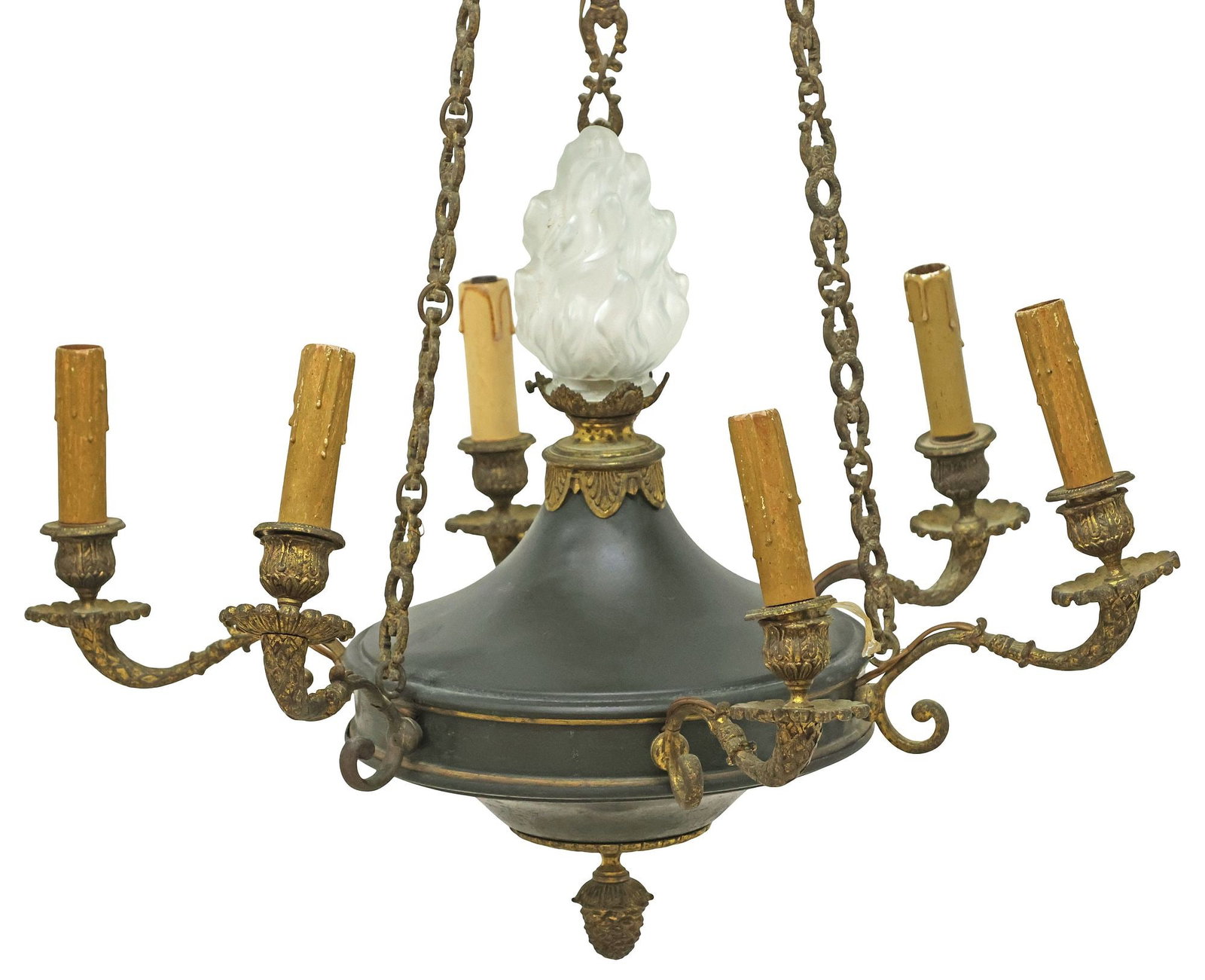 FRENCH EMPIRE STYLE TOLE PEINTE & GILT-METAL 7-LT CHANDELIER: French Empire style tole peinte seven-light chandelier, 20th c., crown-form canopy and foliated chain link suspending painted body, issuing six scrolled arms terminating at scalloped bobeche and faux 