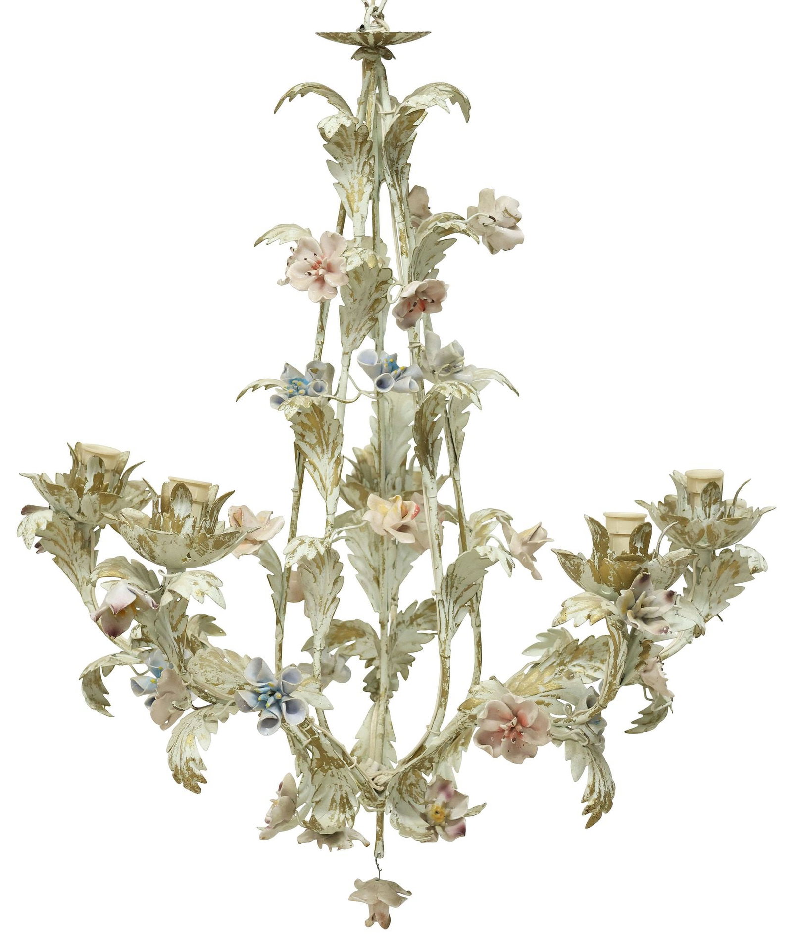 ITALIAN PARCEL-GILT PAINTED TOLE & PORCELAIN FLORAL 5-LT CHANDELIER: Italian tole peinte five-light chandelier, 20th c., having scrolled frame in a parcel-gilt and painted finish, issuing foliates and porcelain flowers, in need of wiring, approx 23"h, 22"w, 22"d