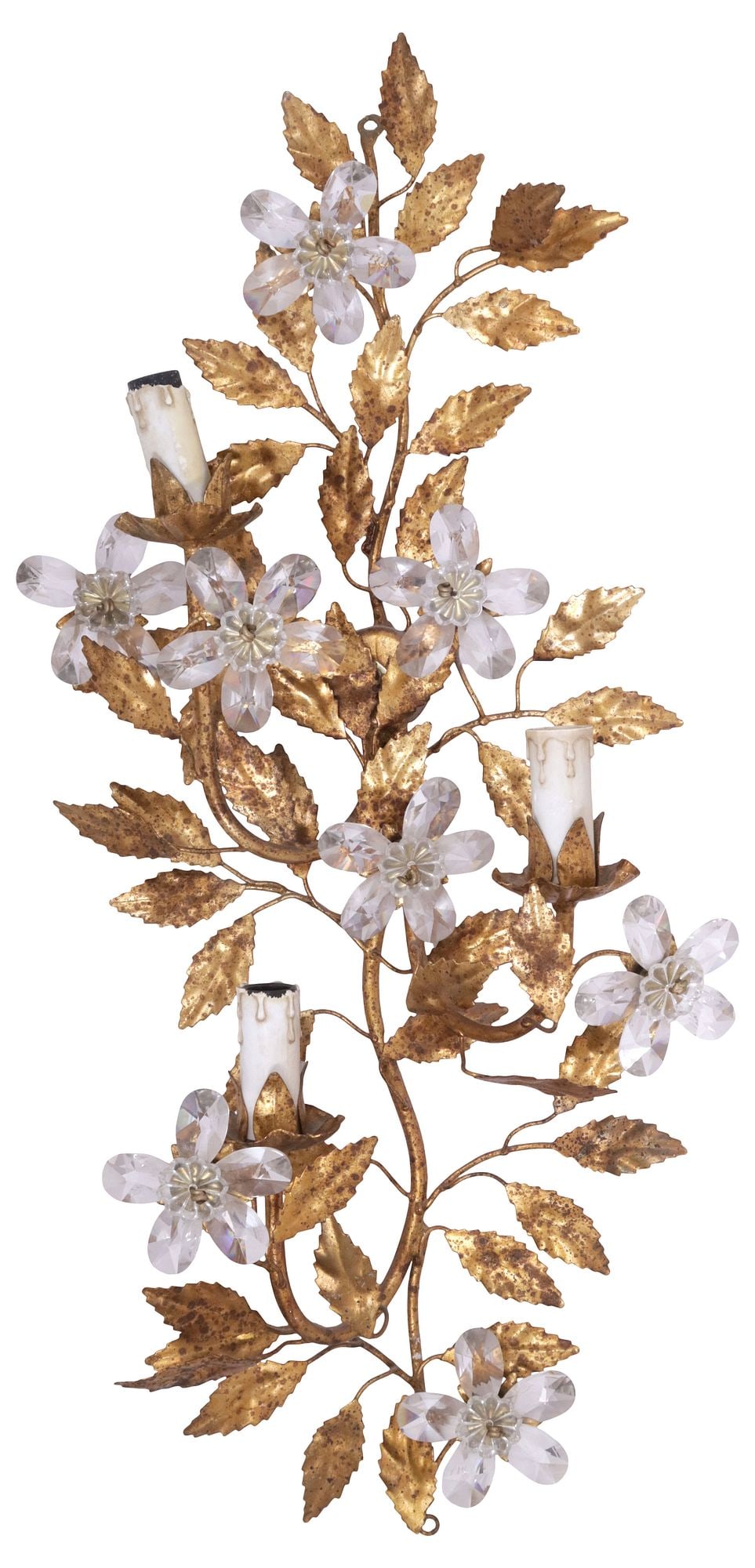 MAISON BAGUES STYLE GILT-METAL & CRYSTAL FOLIATE 3-LIGHT WALL SCONCE, 26.5"H: Maison Bagues style gilt-metal three-light wall sconce, 20th c., having scrolling foliate frame, issuing three faux candles, with faceted crystal flower motifs, in need of wiring, approx 26.5"h, 12"w,