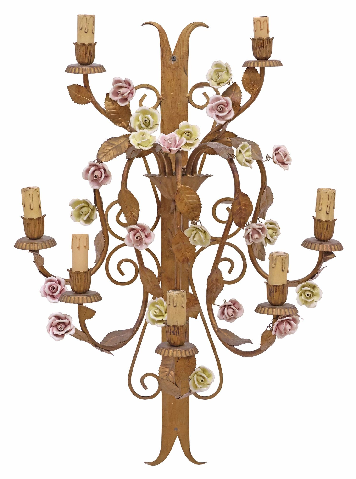 LARGE ITALIAN GILT-IRON & PORCELAIN FLORAL 7-LIGHT WALL SCONCE, 32"H (1 of 3)