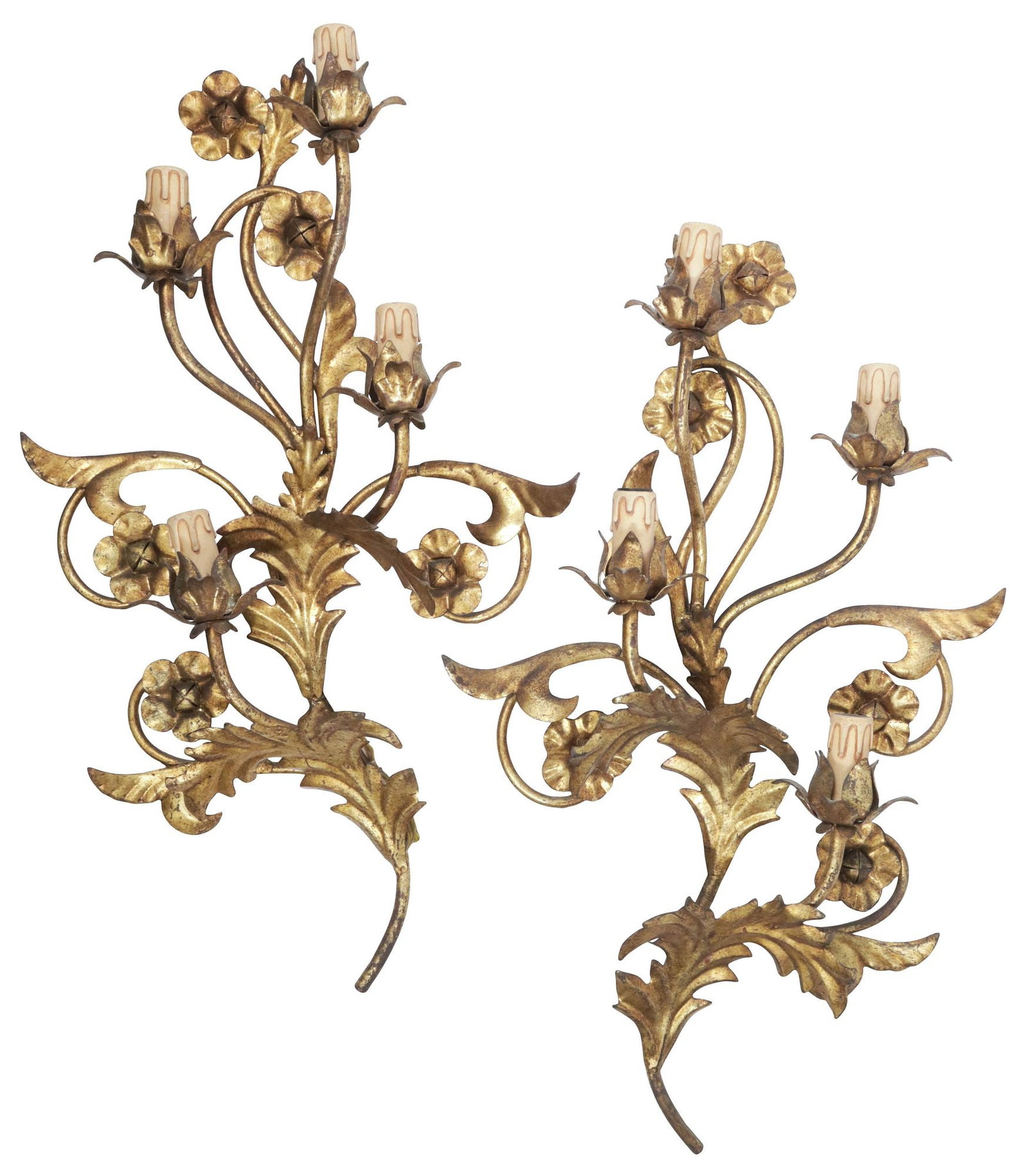 (2) ITALIAN GILT IRON SCROLLED FOLIATE 4-LIGHT WALL SCONCES (1 of 3)