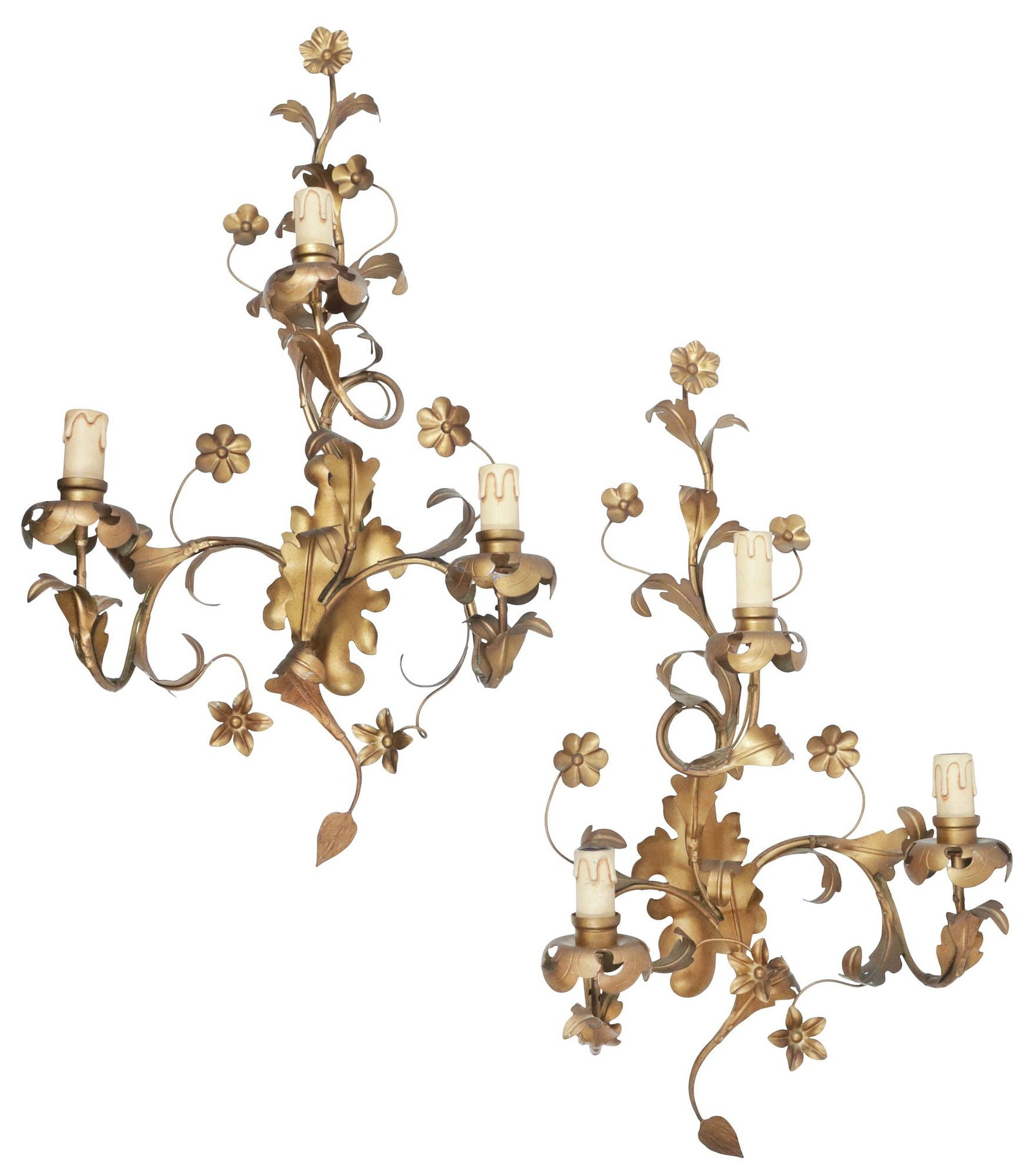 (2) ITALIAN GILT-PAINTED IRON SCROLLED FOLIATE 3-LT WALL SCONCES (1 of 4)