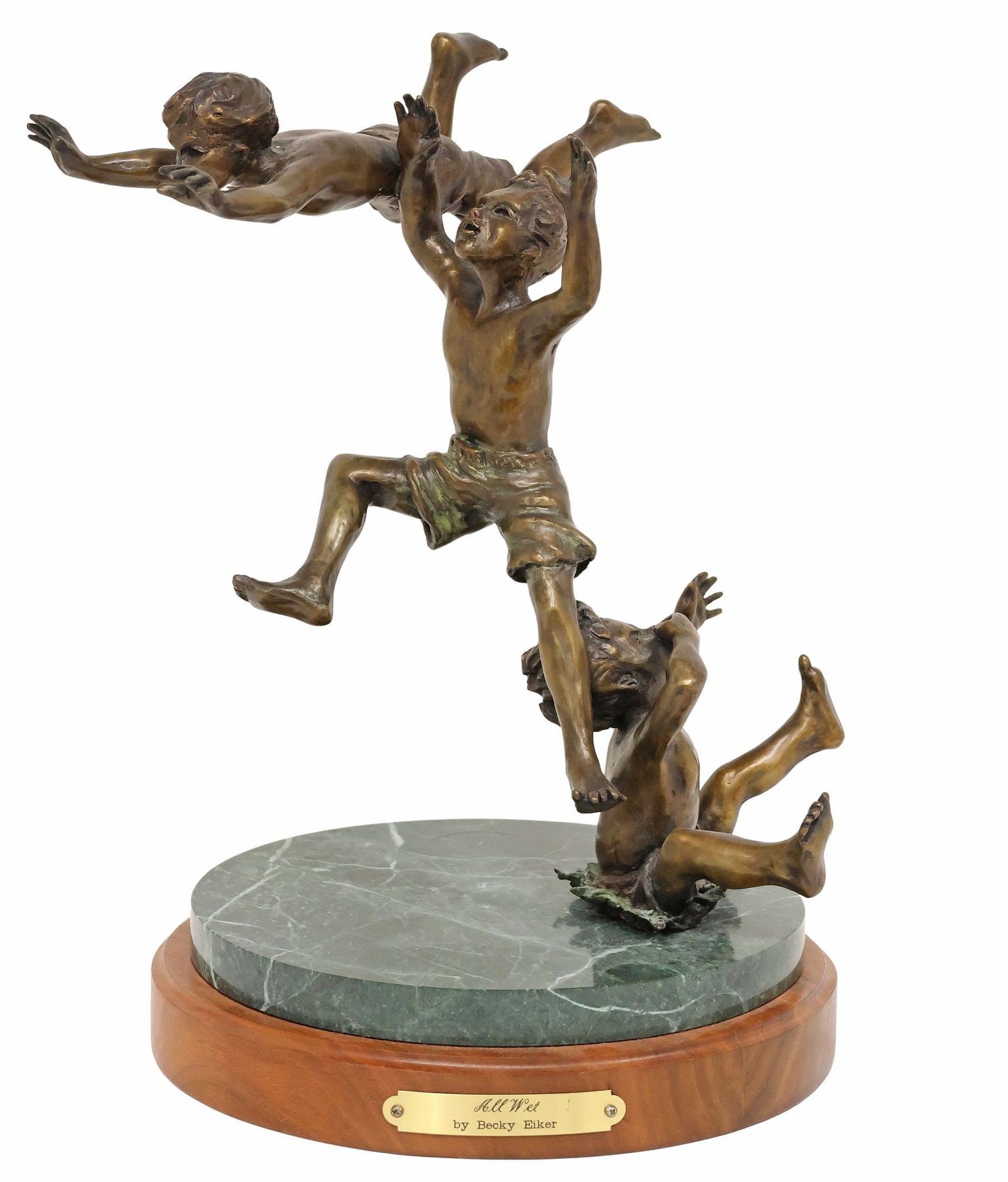 BECKY EIKER (B.1942) BRONZE CHILDREN SCULPTURE, 'ALL WET': Patinated bronze sculpture, "All Wet," signed in cast Becky Eiker (North Dakota, Montana, b.1942), dated [19]93, on marble base and wood platform, retaining title plaque, overall: approx 13"h, 6.5"w, 