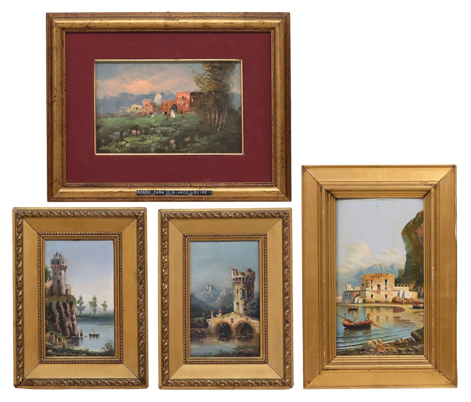 (4) FRAMED ITALIAN SCHOOL OIL ON PANEL PAINTINGS, ARCHITECTURAL LANDSCAPES: (lot of 4) Framed Italian School oil on panel paintings, including: (1) Rosso Casa - Bianco Uscire, signed lower left Lippi (Italian, 20th c.), (3) architectural landscapes, illegibly signed verso, (o