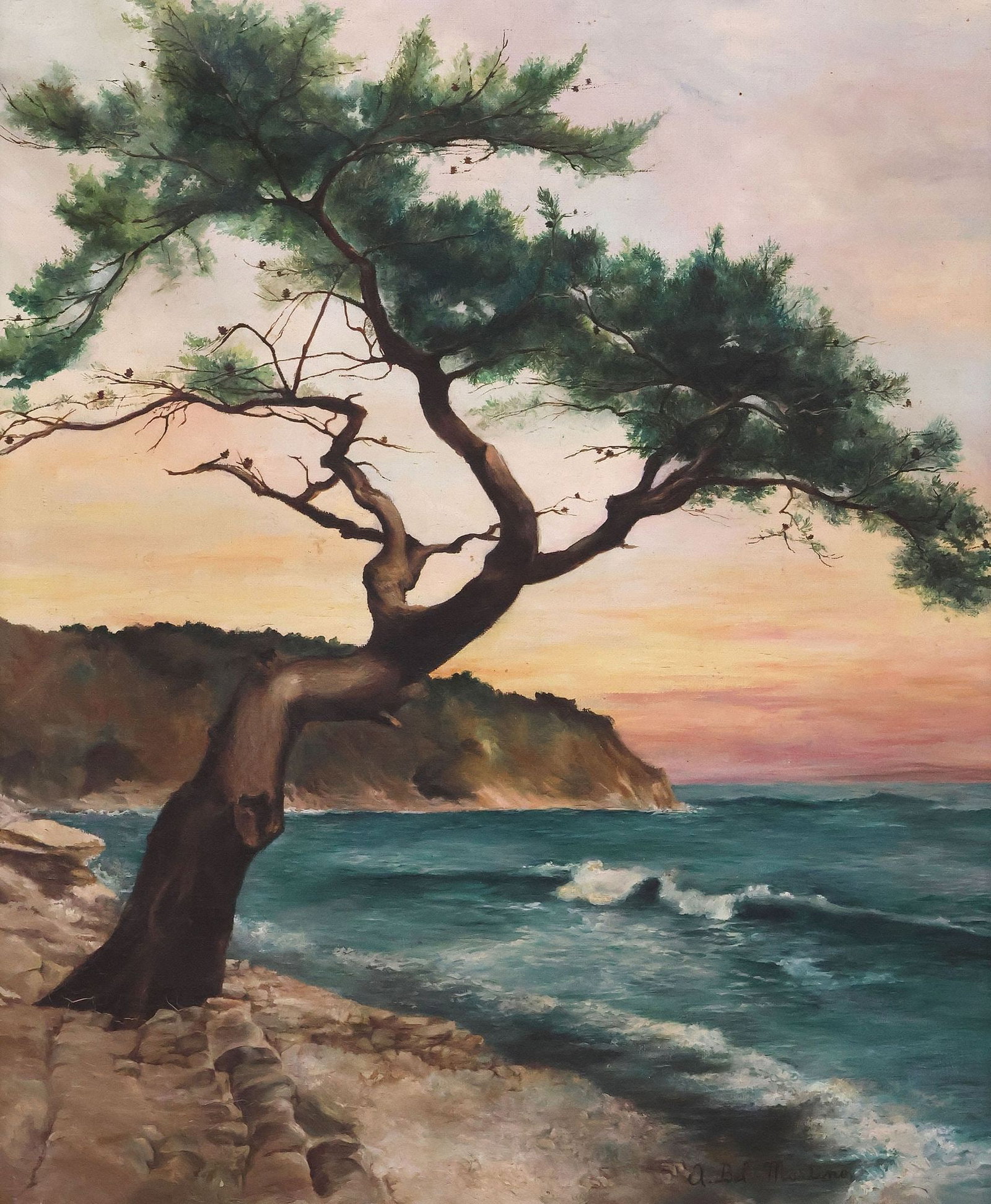 SIGNED MARTINO (ITALIAN, 20TH C.) OIL PAINTING, SUNLIT COASTAL LANDSCAPE: Framed oil on canvas painting, Coastal Landscape with Tree at Sunset, signed lower right A. Bel. Martino (Italian, 20th c.), sight: approx 22.25"h, 18.5"w, overall: approx 26.25"h, 22.25"w, 4.5lbs