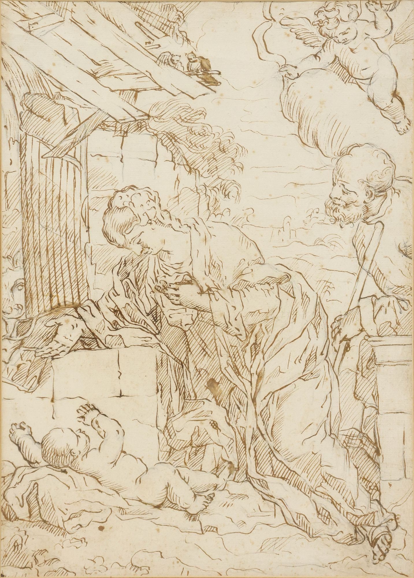 SIGNED INK & GRAPHITE DRAWING, STUDY FOR A NATIVITY SCENE: Framed ink and graphite drawing on laid paper, Study for a Nativity Scene, indiscernible partial signature lower left, verso inscribed 1783, sheet with trimmed loss to the top edge, overall foxing, sm