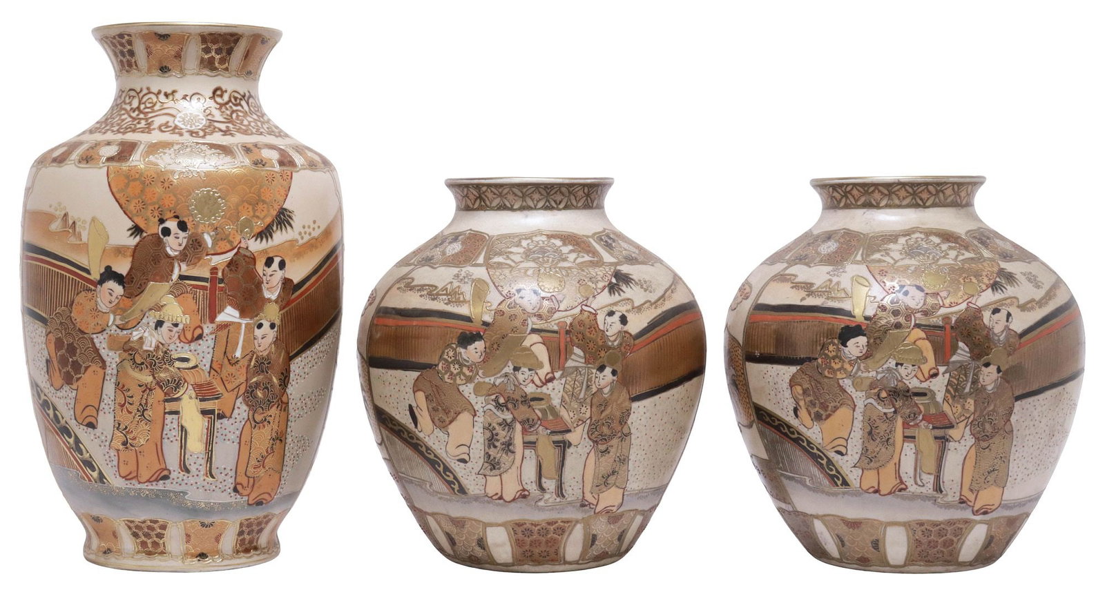 (3) SATSUMA STYLE PARCEL-GILT BUDDHIST 'RAKAN' VASES (1 of 5)