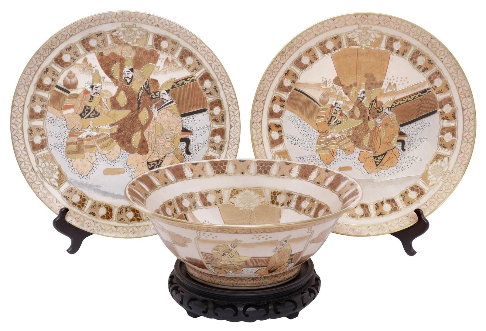 (3) SATSUMA STYLE PARCEL-GILT BUDDHIST 'RAKAN' CHARGERS & BOWL ON STAND (1 of 7)