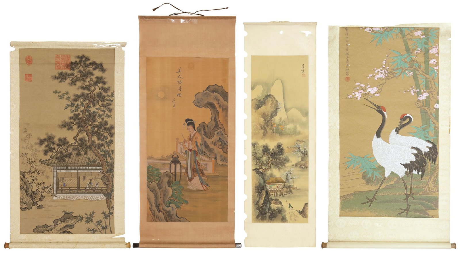 (4) CHINESE FIGURAL & LANDSCAPE HANGING SCROLL PAINTINGS, 2 ON SILK (1 of 14)