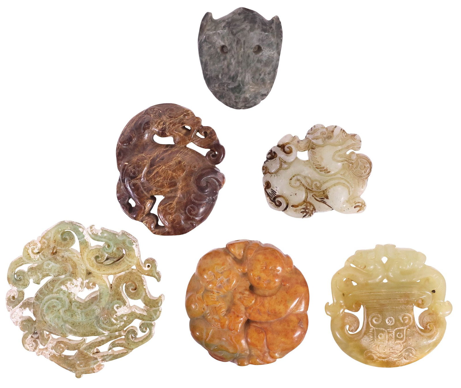 (6) CHINESE CARVED HARDSTONE FIGURAL TOGGLES & PENDANTS (1 of 2)