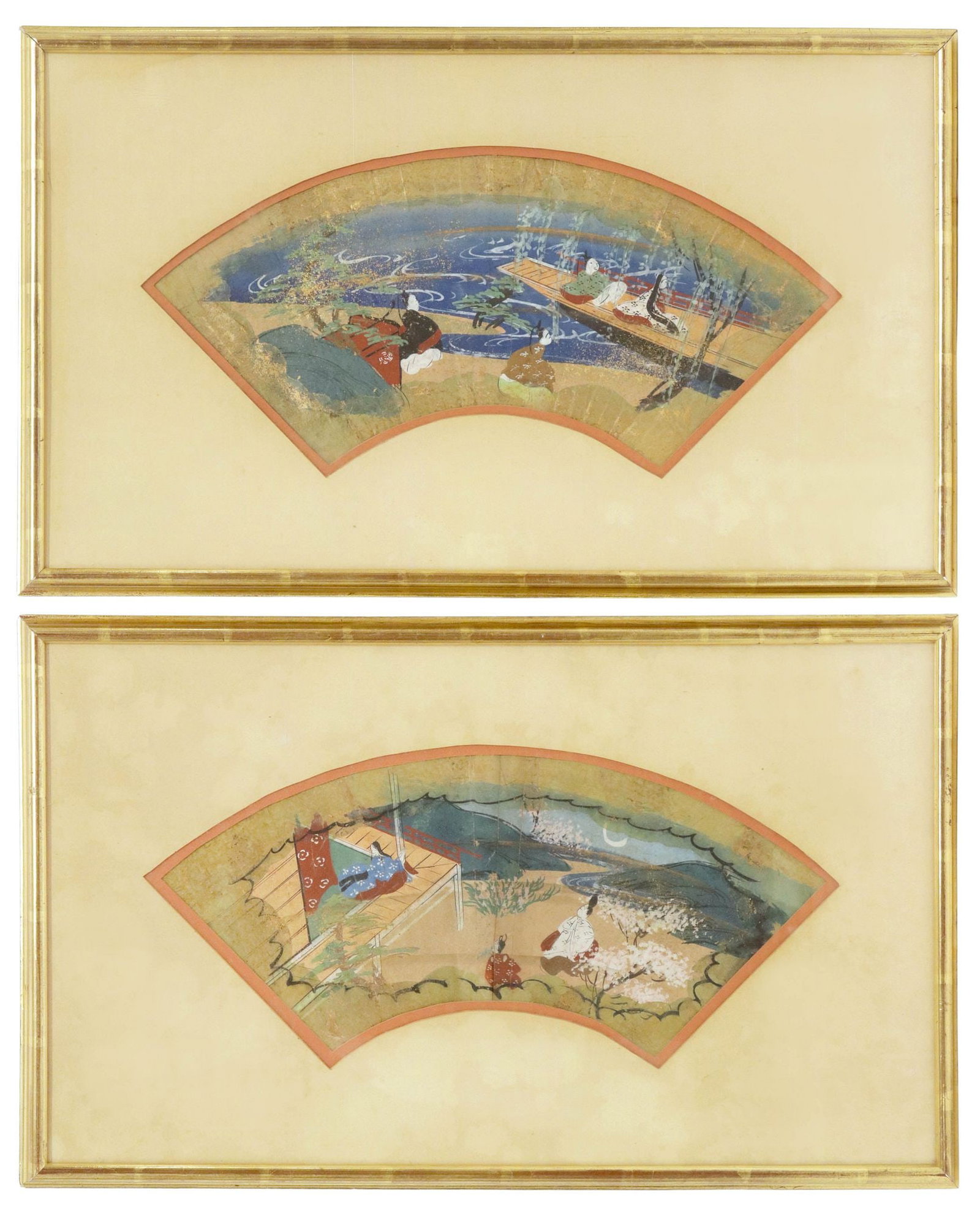 (2) FRAMED JAPANESE YAMATO-E STYLE PARCEL-GILT & PAINTED FANS: (lot of 2) Framed Japanese Yamato-e style ink and pigment on paper fan paintings or "sensu-e," possibly Kano School, likely depicting scenes from the literary epics "Tales of Genji" or "Tales of Ise,"