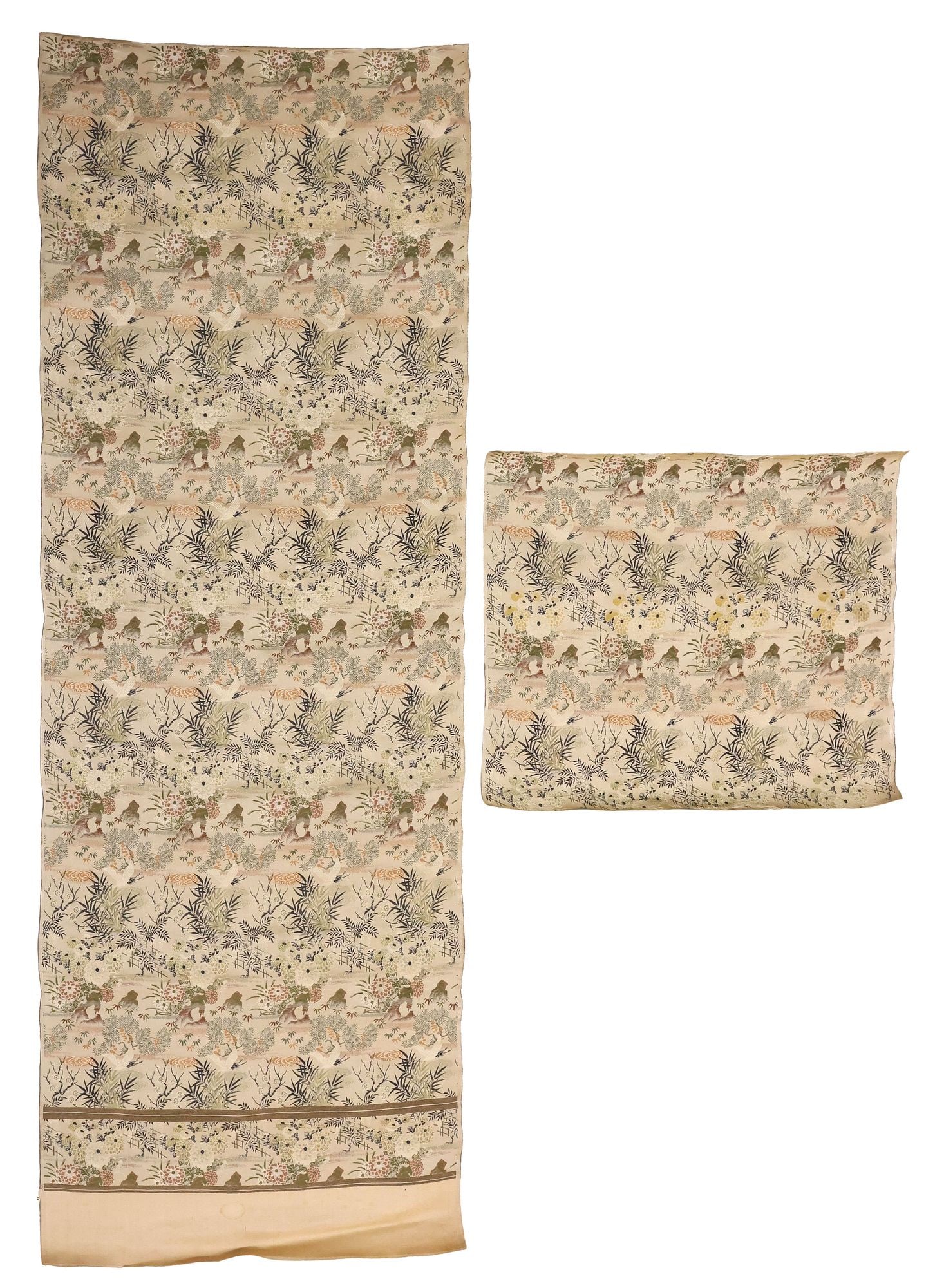 (2) JAPANESE NISHIJIN-ORI BROCADE FABRIC FRAGMENTS, CRANES IN A GARDEN: (lot of 2) Japanese Nishijin-ori brocade fabric fragments, each depicting cranes in flight over rocky outcrops and foliates with floral blooms, varied sizes, worn multi-character hexagonal red seal at