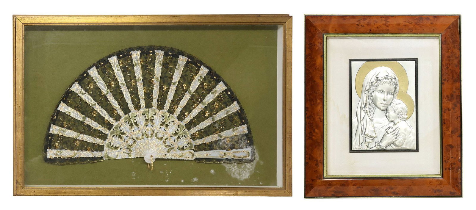(2) ITALIAN SILVER BAS RELIEF PLAQUE & LADIES SHADOWBOX-FRAMED FOLDING FAN: (lot of 2) Framed decorative artwork, 20th c., both behind glass, including: (1) Italian Alliani sterling silver-clad bas relief plaque, Madonna and Child, marked 925 with maker's mark in cast lower l