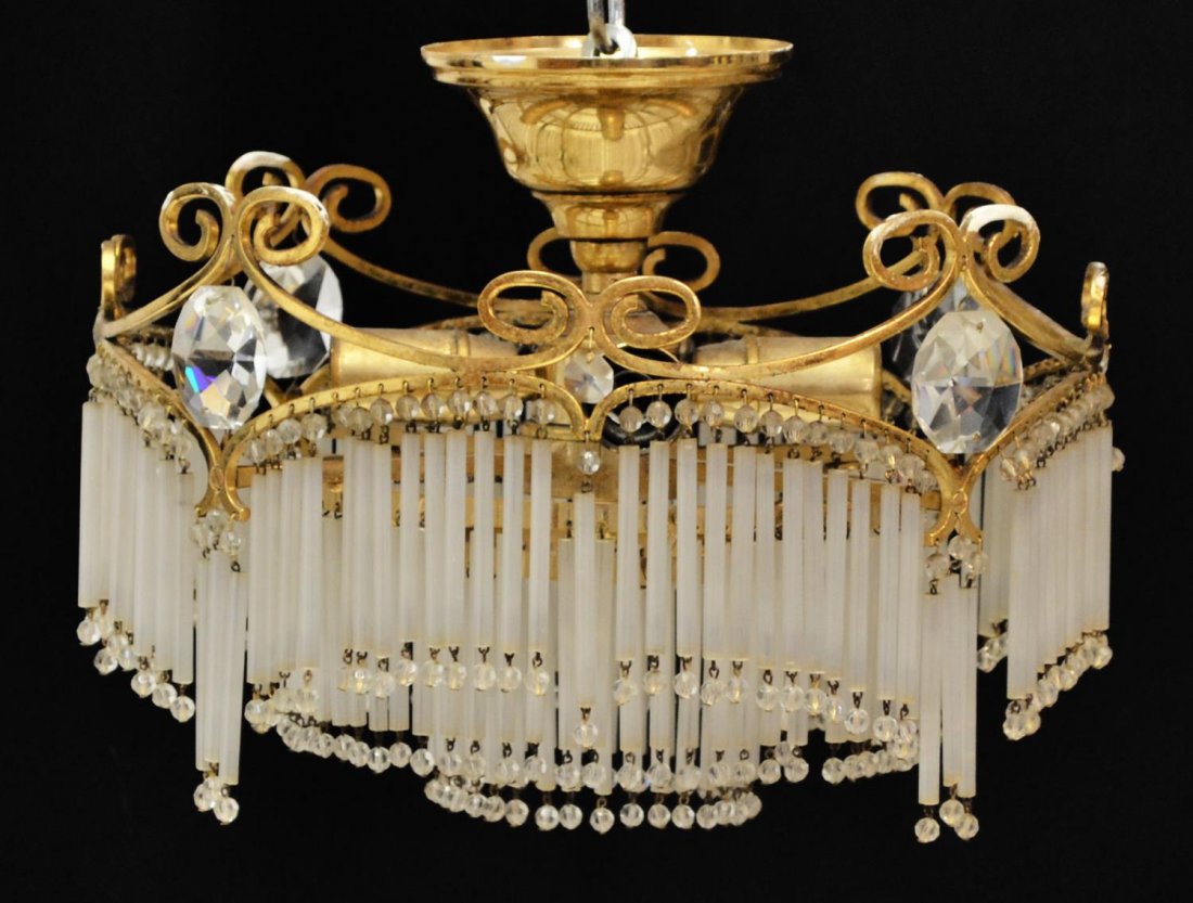 ORNATE SPAIN WEDDING CAKE GLASS STRAW CHANDELIER: Wedding cake chandelier, Spain, the brass scrolled frame hung with assorted glass straws and beads enclosing four lights, frame with faceted prism accents, in need of wiring, approx 10"h, 12.25"diam S