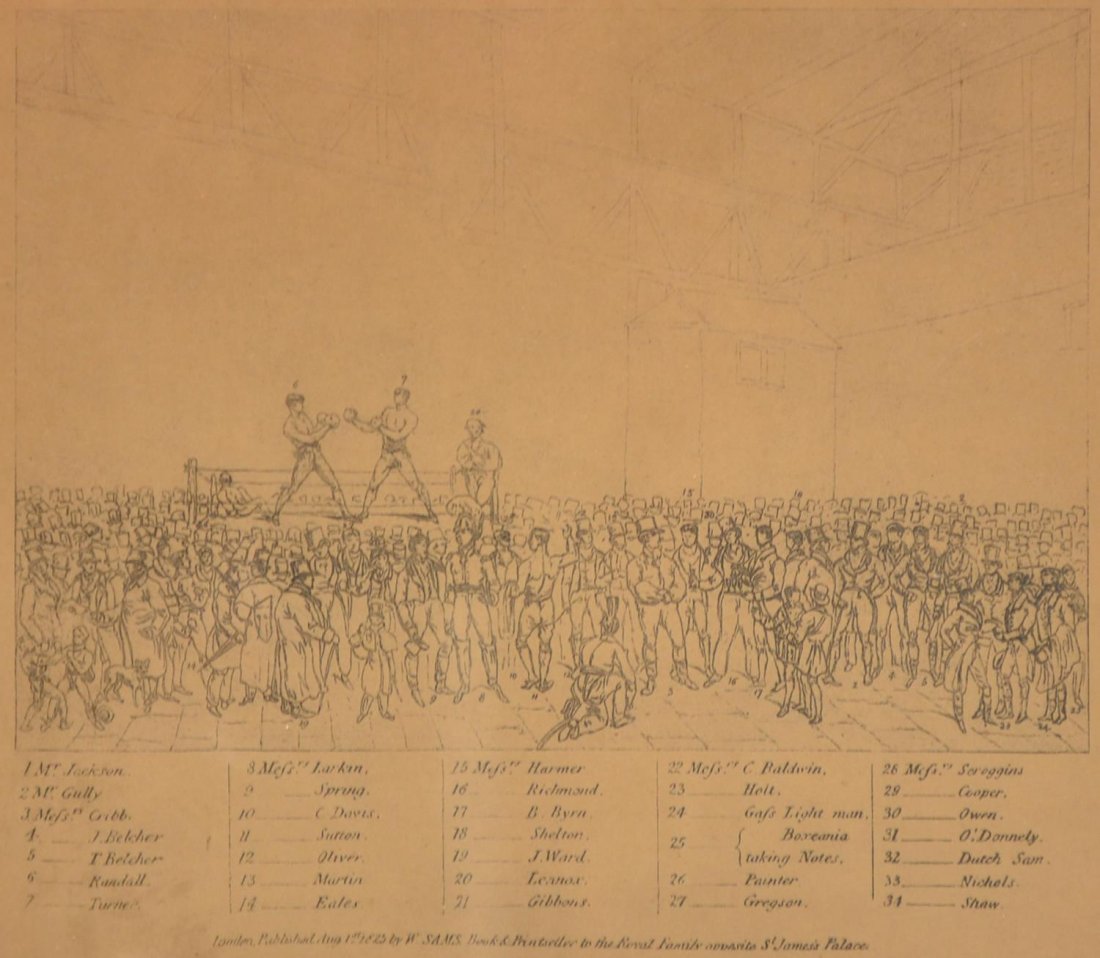 ANTIQUE BOXING PRINT, INTERIOR OF THE FIVES COURT: Framed antique boxing print, 'The Interior of the Fives Court', a British boxing scene, 'London, Published Aug 1st, 1825 by W. SAMS. Book & Print Seller to the Royal Family opposite St. James Palace',