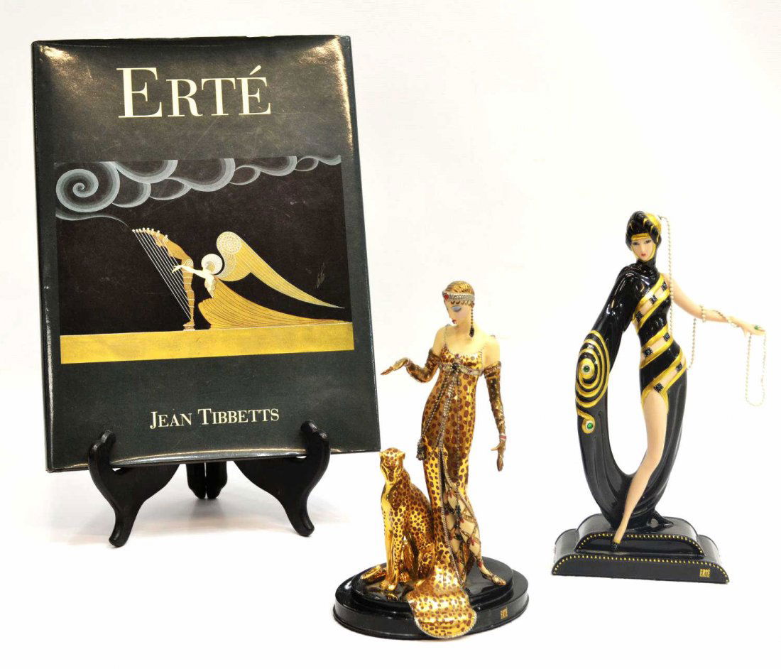 (3) ERTE FOR FRANKLIN MINT FIGURES & ERTE BOOK: (lot of 3) Erte hand painted porcelain figures,each a limited edition for Franklin Mint together with an Erte book: (1) "Ocelot", A3085, the figure in a leopard-print gown, 9"h; (1) "Pearls and Emeral