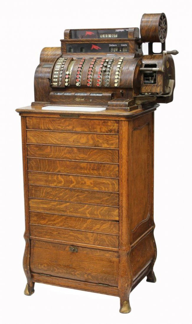 LARGE ANTIQUE NATIONAL CASH REGISTER ON OAK STAND