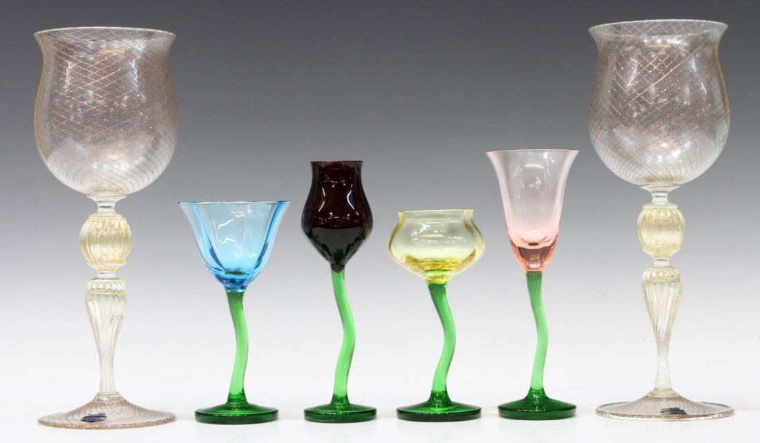 (6) COLLECTION VENETIAN & BOHEMIAN GLASS STEMWARE: (lot of 6) Collection of glass stemware, comprising: (pair) Venetian art glass goblets, Gino Cenedese, clear glass with gilt crisscross motif, gilt flecked stem, retaining sticker, one with interior h