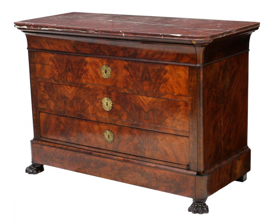 FLAME MAHOGANY MARBLE TOP 5 DRAWER CHEST, SPAIN: Antique Spanish flame mahogany veneer chest, Barcelona, 19th c., a rouge and white marble top over five drawers rising on claw feet, marble repaired, 36"h, 51.25"w, 23"d