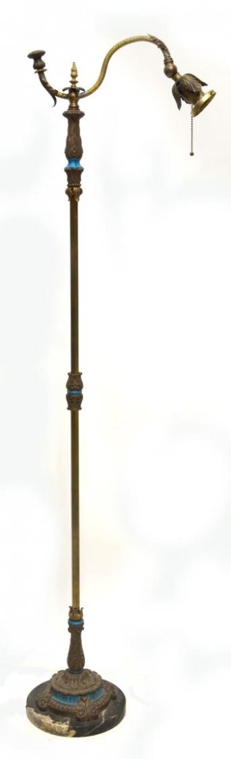 VINTAGE WOOD & METAL STANDING BRIDGE LAMP: Vintage polychrome wood and metal bridge floor lamp, spiral bridge with foliate accents over an iron standard raised on an ornately decorated base, set on a black and white marble platform, lacking sh