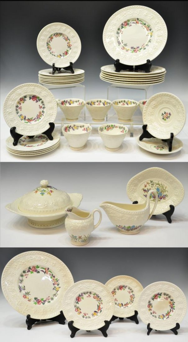 (37) WEDGWOOD WELLESLEY DINNER SERVICE, ASSMEBLED: (set of 37) Wedgwood 'Wellesley' dinner service, an assembled group with varied patterns, include: 'Orient' pattern, (8) dinner plates, approx 11"diam, one with discoloration as pictured separately; (