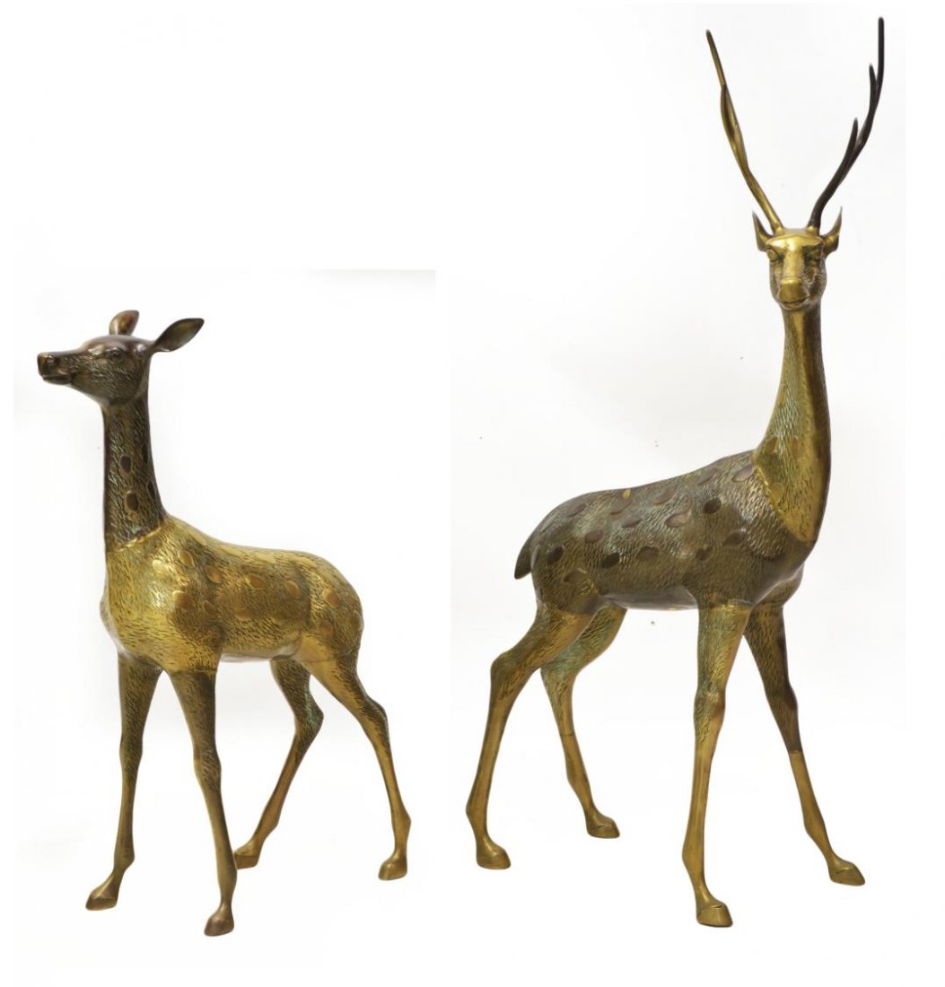(2) STANDING GILT BRASS WILDLIFE DEER FIGURES: (lot of 2) Large gilt brass wildlife figures, a young buck and doe, each modeled in a standing pose, some wear to patination, largest: approx 49.5"h, 22"l Start Price: $80.00