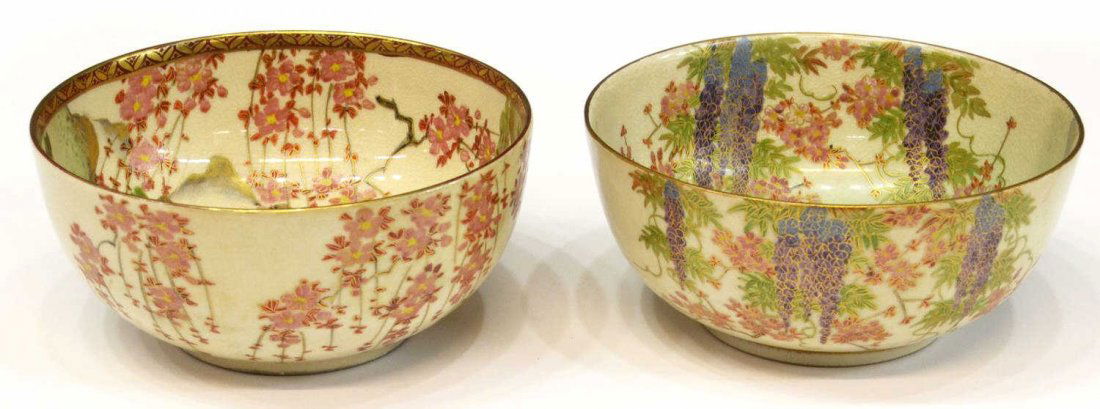 (2) JAPANESE SATSUMA-STYLE EARTHENWARE BOWLS: (lot of 2) Japanese Satsuma-style earthenware bowls with gilt and polychrome decoration, early 20th c., each having draping floral vines, the interior showing coastal landscape scenes with pavilions,