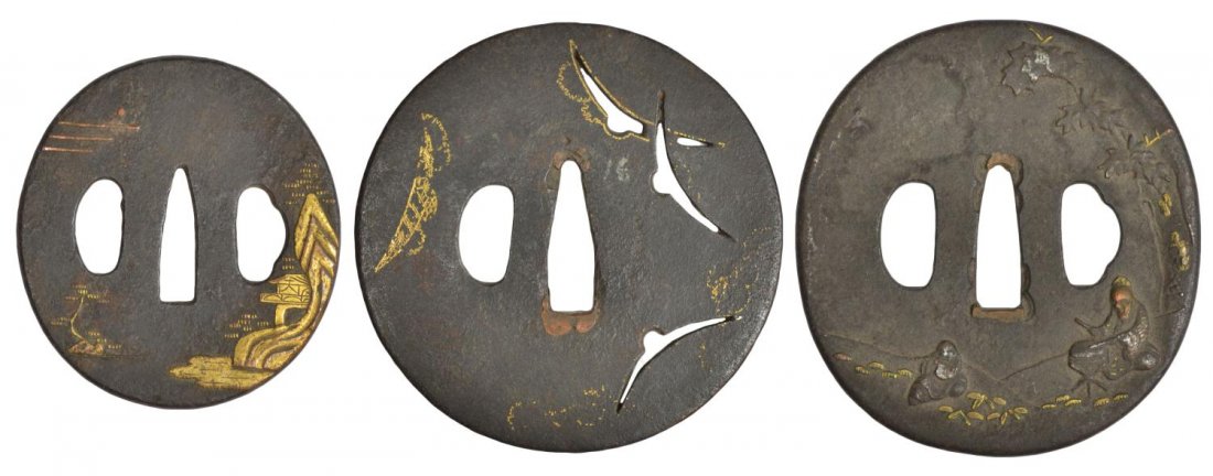 (3) JAPANESE IRON TSUBA, EDO PERIOD: (lot of 3) Collection of Japanese iron tsuba (sword guards), Edo period, comprising: (1) of round form with a landscape defined in gold and copper, 2.5"h, 2.25"w; (1) of circular form with parcel gilt
