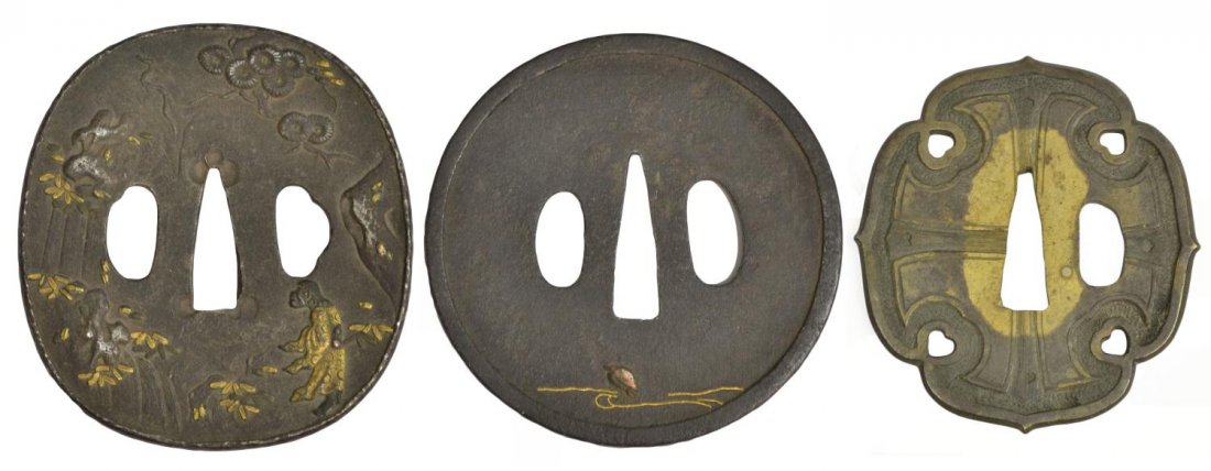 (3) JAPANESE IRON TSUBA, EDO PERIOD & 19TH/20TH C.: ( (lot of 3) Collection of Japanese iron tsuba (sword guards), comprising: (1) Edo period, of circular form with a Chinese immortal in gilt robes and walking in a landscape with a waterfall heightened