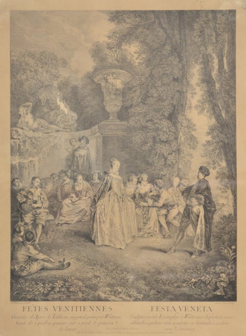 ANTIQUE ENGRAVING,FETES VENITIENNES, AFTER WATTEAU: Framed antique engraving, 'Fetes Venitiennes / Festa Veneta', after A. Watteau (Jean-Antoine Watteau (French 1684-1721), also marked Lau Cars (Laurent Cars, French, 1699-1771) lower right, titled and 