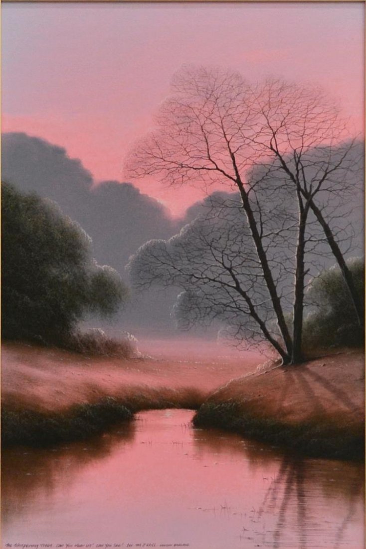 FRAMED OIL PAINTING, MICHAEL JOHN HILL (B. 1956): Framed oil painting on canvas, "The Whispering Trees...Can You Hear Us!...Can You See!", titled lower left, signed lower center M.J. Hill (Michael John Hill, British, b. 1956), sight: 29.5"h, 19.5"w, 