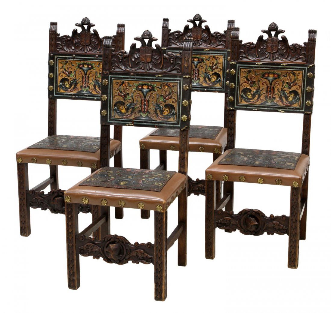 (4) SPANISH EAGLE, FIGURAL EMBOSSED LEATHER CHAIRS: (lot of 4) Spanish library side chairs, late 19th c., each with a carved double head eagle crest rail over the polychrome foliate and figural embossed leather back and seat held with large nail heads,