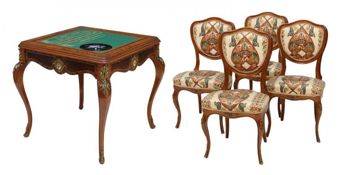 (5)MARQUETRY GAME TABLE, ROULETTE & OTHER BOARDS: (set of 4) Ornate Spanish games suite, comprising a table and chairs, Barcelona, 20th c.: (1) marquetry inlaid table accented with gilt brass mountings, the top rotating to a hidden Spanish roulette b