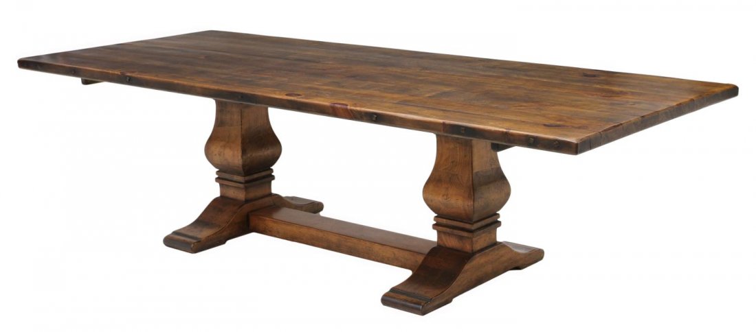 RALPH LAUREN PLANK TOP DINING TABLE, 9'L: Large plank top dining table, 20th c., mixed woods with pine planks on a trestle base, the underside with the brass label of "Polo, Ralph Lauren", 30"h, 108"l, 44"d Start Price: $500.00