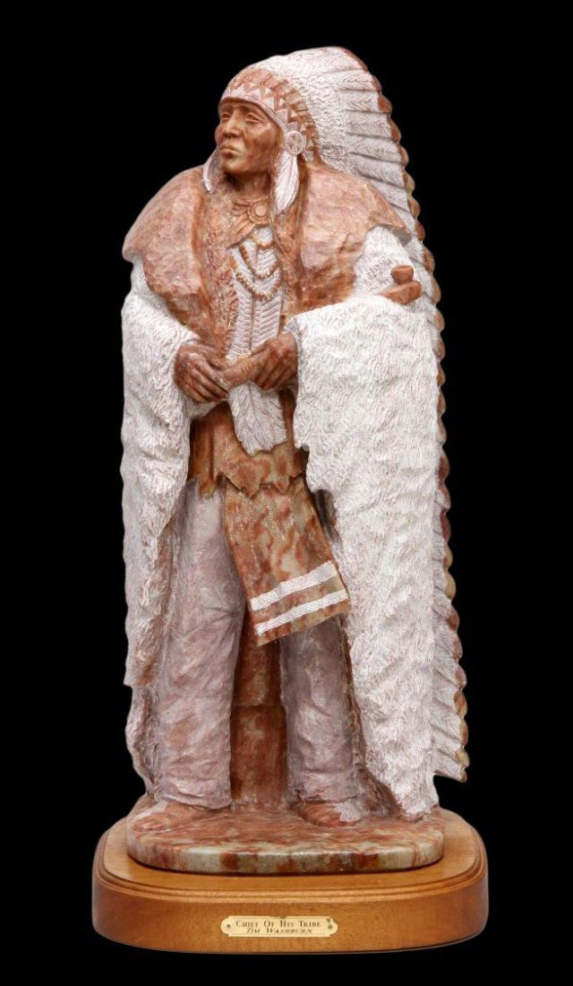 AMERICAN INDIAN SCULPTURE, TIM WASHBURN, ALABASTER: Native American alabaster sculpture, "Chief of His Tribe", signed TIm Washburn (Navajo, New Mexico, 20th/21st c), alabaster: 25"h, 10.5"w, 8"d, rotating stand: 2"h, 12.25"w, 11.25"d, total: Note: This