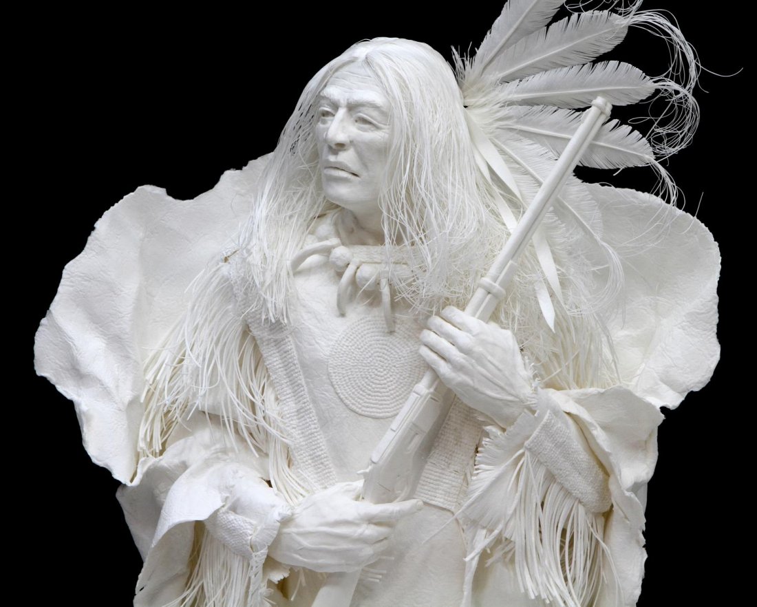 AMERICAN INDIAN SCULPTURE, ALLEN ECKMAN (B. 1946): Shadow box framed cast paper sculpture of a Native American warrior, "6/25/1876 The Fight", signed, titled, 2003 copyright in pencil on sculpture , #1 of 1, Allen Eckman, (California, b. 1946), sight: