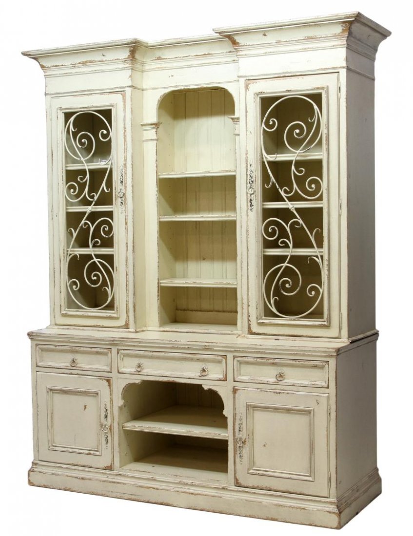 RUSTIC HABERSHAM CUPBOARD, WROUGH IRON ACCENTS: Habersham cupboard in a rustic, antiqued finish, the upper cabinet with a projecting cornice flanking an inset central cornice over an open display area with flanking doors having wrought iron panels,