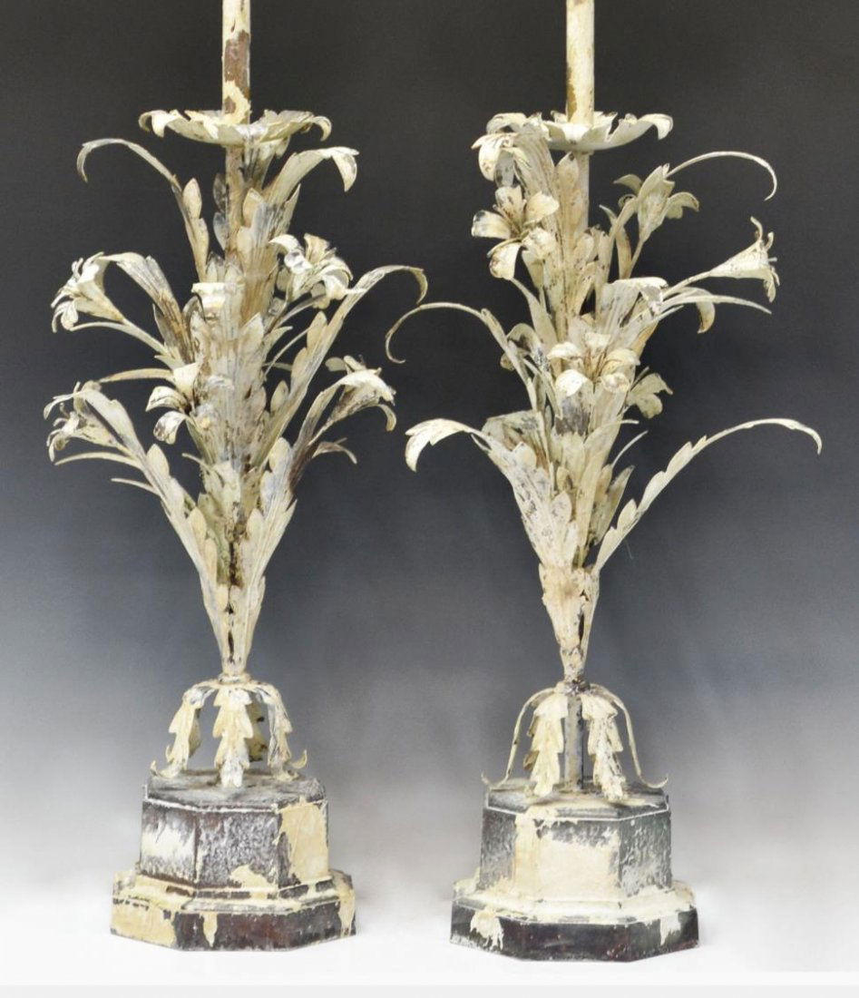 (PAIR) ANTIQUED FLORAL & FOLIATE TABLE LAMPS: (pair) Antiqued metal table lamps, the standard of each enclosed by leafy floral sprays, octagonal base, retaining shades, 37.5"h, 7"d, 19.25lbs total Start Price: $80.00