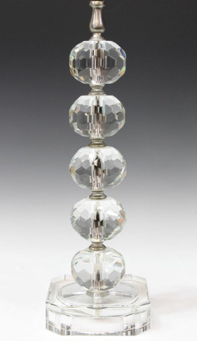 FINE FACETED GLASS / CRYSTAL STACKED BALL LAMP: Fine table lamp having a silver toned standard with five stacked faceted crystal or glass balls, on a clear glass base, 26.5"h, 8.5lbs Start Price: $80.00