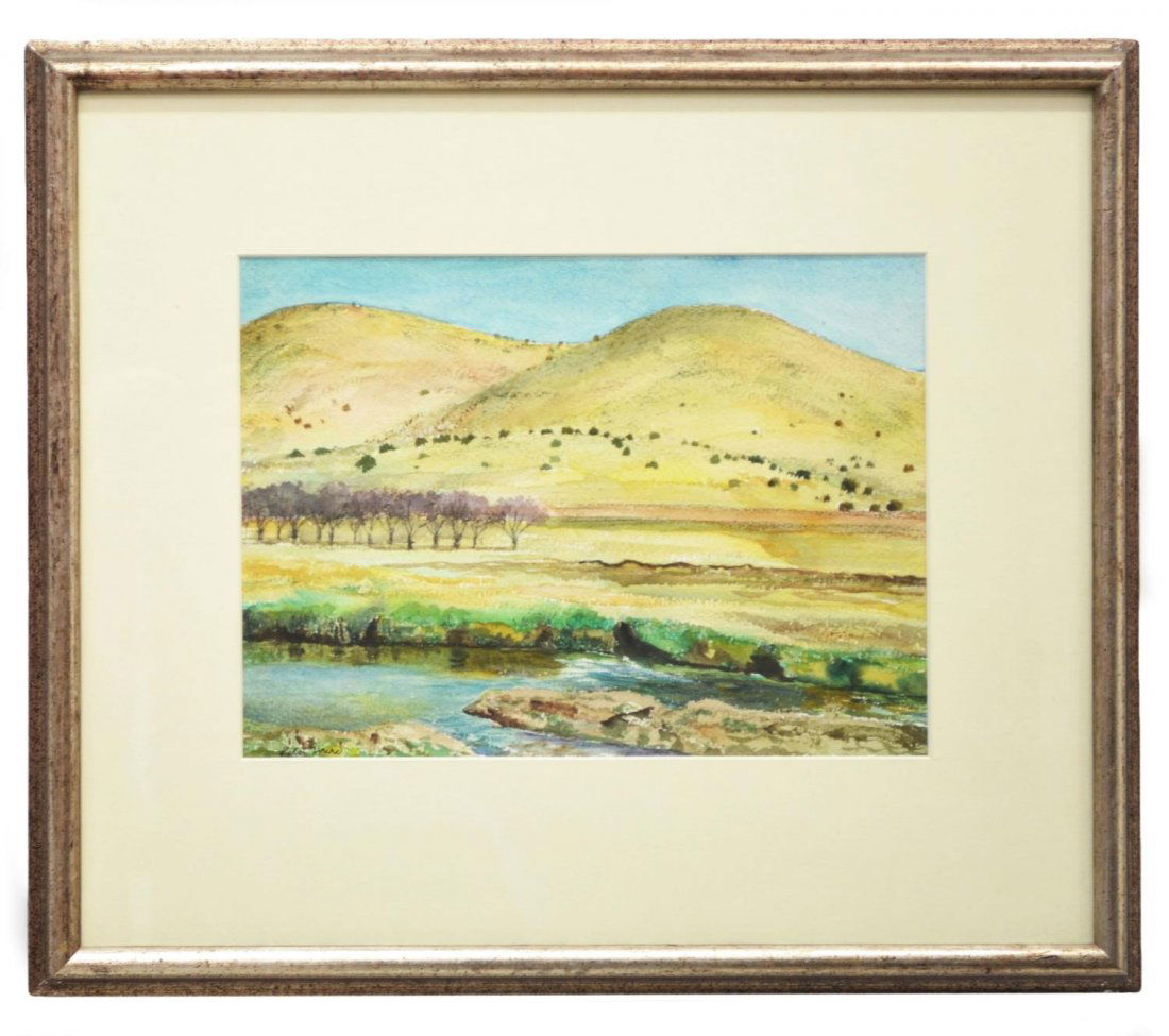 PAINTING, PETER HURD (NEW MEXICO, 1904-1984): Framed watercolor painting on paper under glass, "At the End of the Orchard", signed lower left Peter Hurd (Harold 'Pete' Hurd, Junior, New Mexico, 1904-1984), sight: 8.75"h, 11.7/8"w, overall: 16.75'