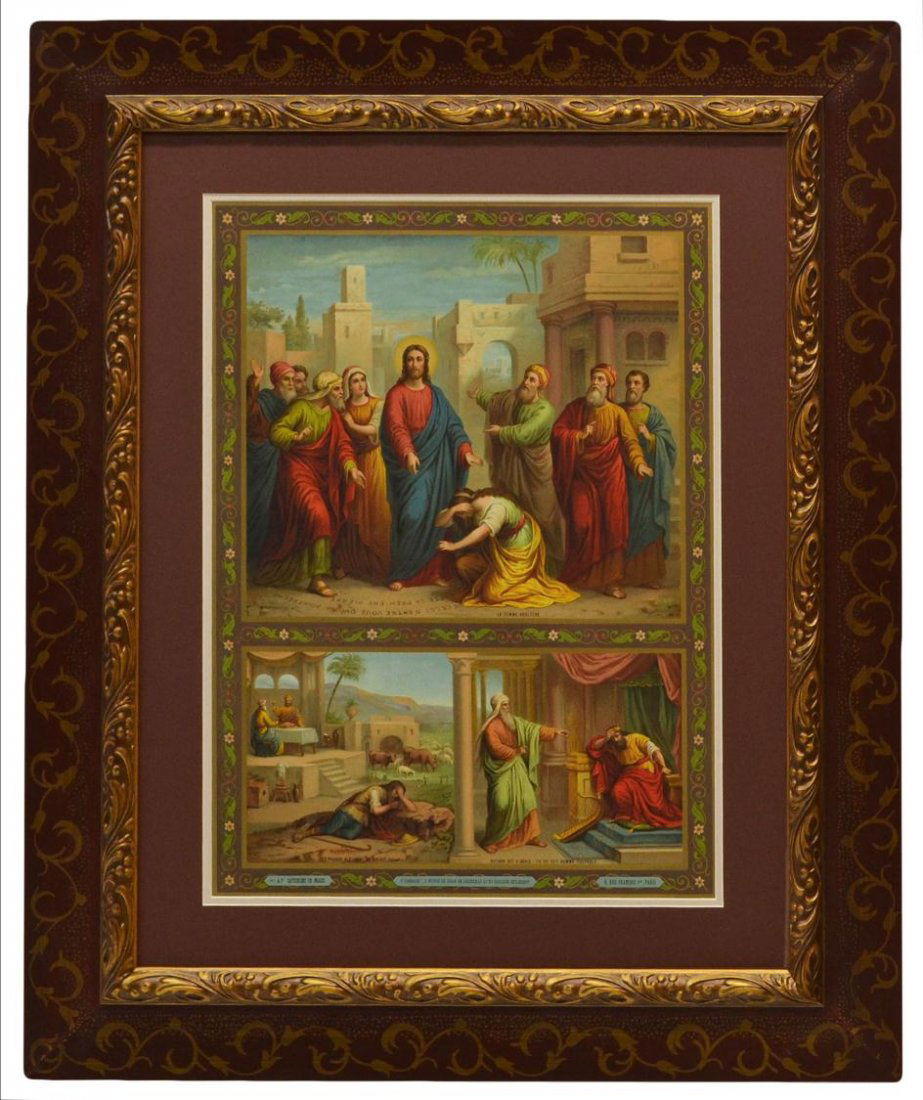FRENCH ANTIQUE RELIGIOUS PRINT, LES COMMANDEMENTS: Framed French religious print, c. 1900, ’Les Commandements, Neuvième Commandement de Dieu: L'œvre de chair ne désireras, Qu'en mariage seulement.', plate 47, religious scene taken from the Roman
