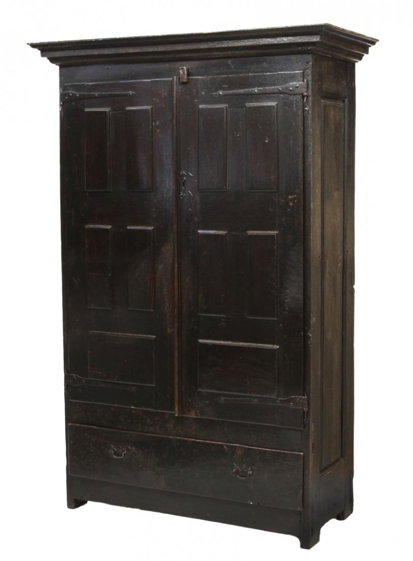 ANTIQUE SPANISH BASQUE COUNTRY ARMOIRE: Antique Spanish armoire, Basque Country, c. 1800, a protruding cornice over two doors held by large strap hinges, a lower drawer, overall with pegs, dovetails, mortise and tenon joinery, rising on blo