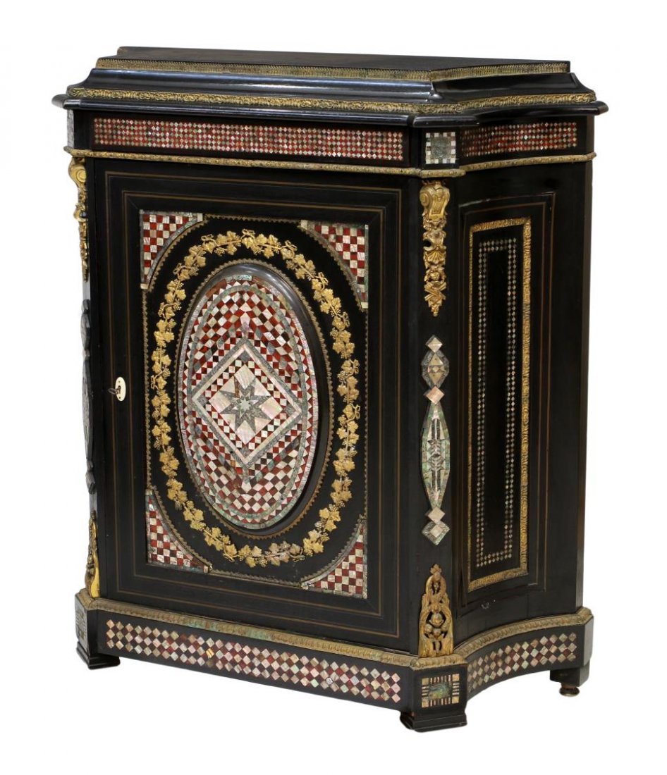 FRENCH NAPOLEON III INLAID & EBONIZED CONSOLE: French Napoleon III ebonized console cabinet with ormolu decoration, the shaped top with convex sides over a frieze drawer faced with mother of pearl, the front door with a raised central cartouche ha
