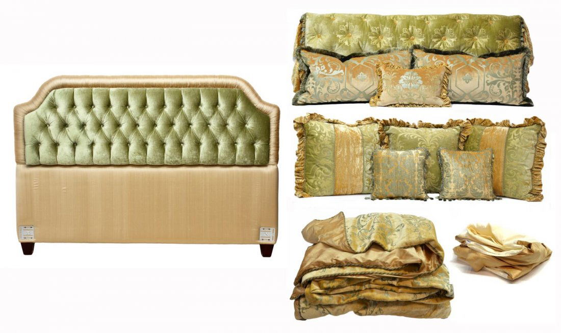(12) MARIO & MARIELENA CUSTOM HEADBOARD & BEDDING: (lot of 12) Custom made designer upholstered king size headboard and matching custom duvet set, Mario and Marielena, hand painted velvet and silk, various shades of green and cream, duvet set having s