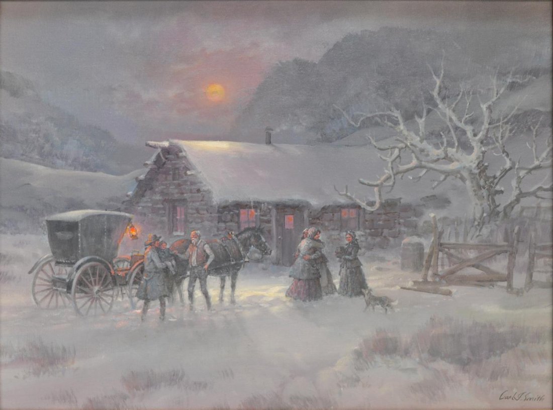 WESTERN PAINTING, CARL J. SMITH (TEXAS B. 1925): Framed oil painting on canvas, "Christmas Reunion", signed lower right Carl J. Smith (Texas, b. 1928), sight: 17.25"h, 23.5"w, overall: 26"h, 32"w, 10.25lbs Start Price: $300.00