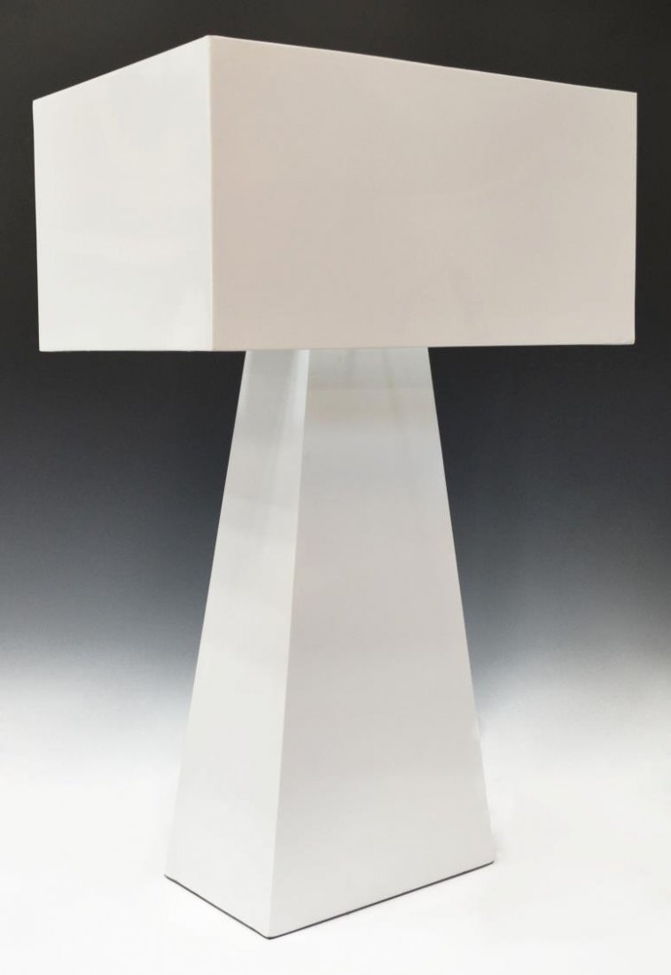 GEORGE KOVACS FOR MINKA MODERN TABLE LAMP: Modern three-light table lamp, design by George Kovacs for Minka, of triangular form mounted by a square white metal shade, item number: P668-044, retaining tags, 29"h, 18"w, 12"d, 25.5lbs Start Price